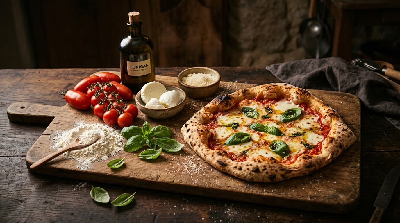 Pizza margherita artisanale sur planche en bois avec tomates, mozzarella et basilic frais